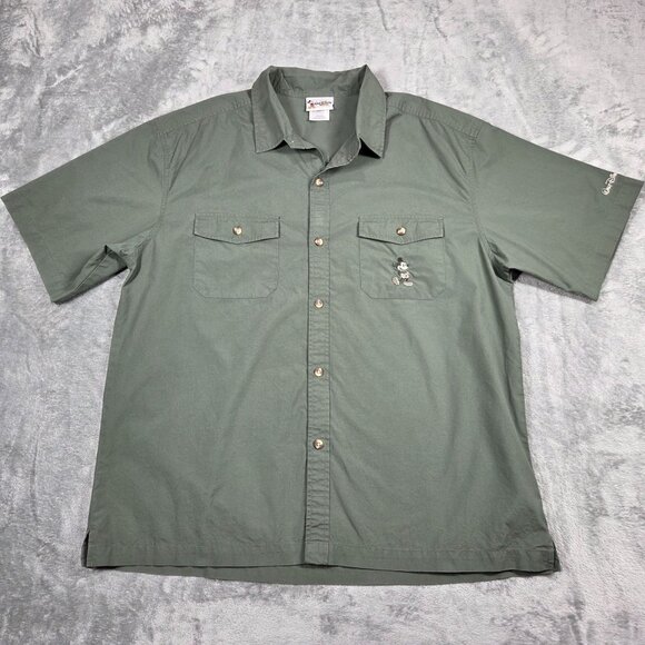 Vintage Disney World Shirt Mens L Green Mickey Mouse Embroidered Camp Button Up - Picture 1 of 9